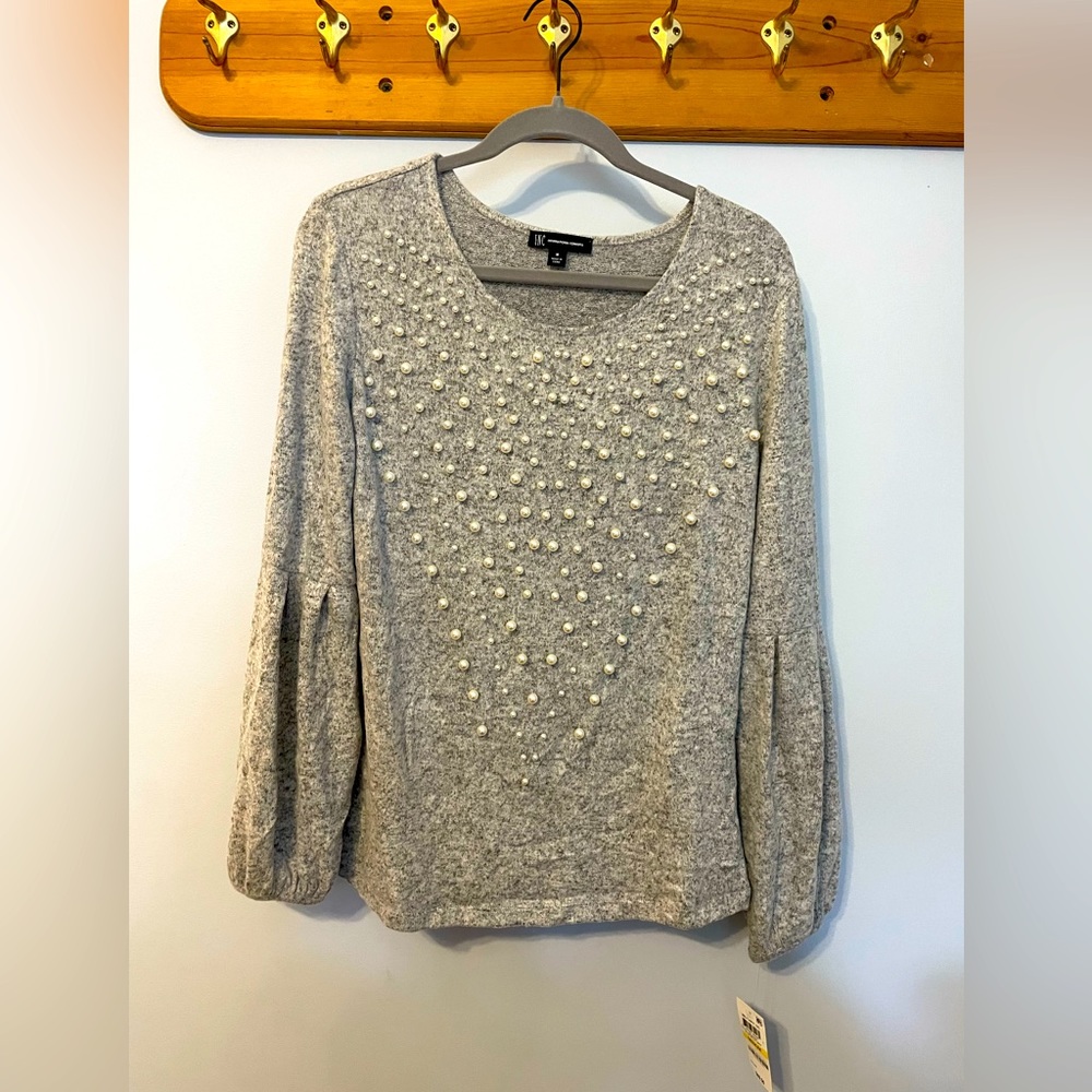 INC International Concepts Gray Crew Neck pearl detail Sweater - Picture 2 of 6